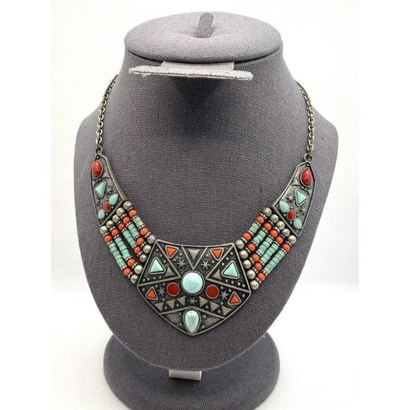 Necklace Southwest Bib Necklace Faux Turquoise Faux Coral Pewter Finish … - Picture 1 of 7
